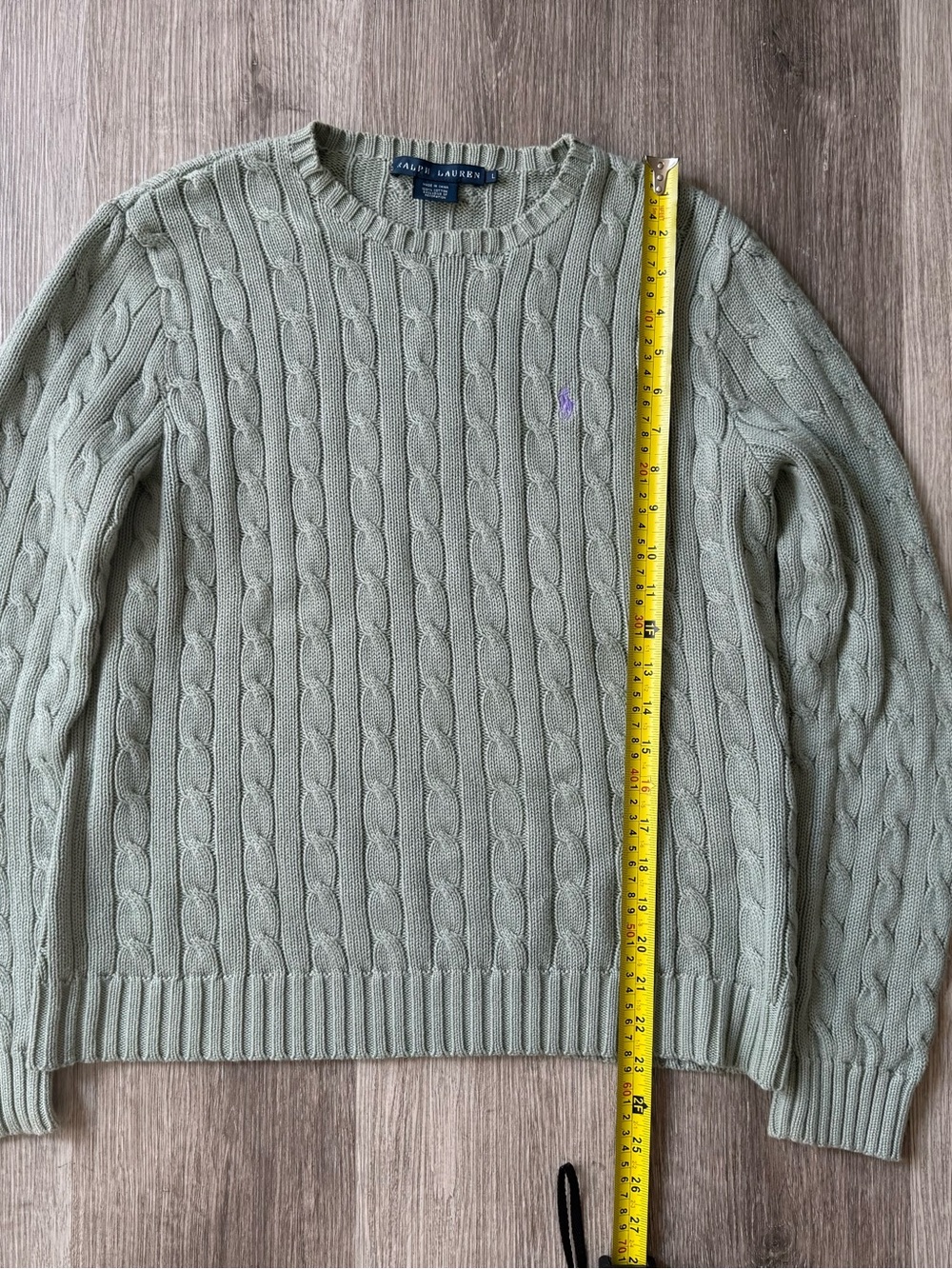 Ralph Lauren Cable Knit Cotton Sweater Green Gray Purple Pony Size L - Picture 7 of 7